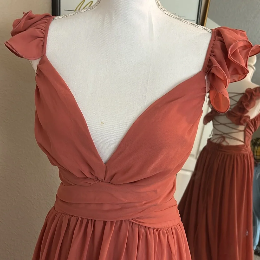 Lulu’s Large Soiree Celebration Rusty Rose Ruffled Lace-Up Maxi Dress - Picture 2 of 11